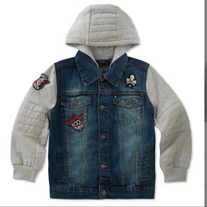 Lucky Brand -Yorba Linda Denim Moto style Blue Jean hoodie, cool emblems NWT